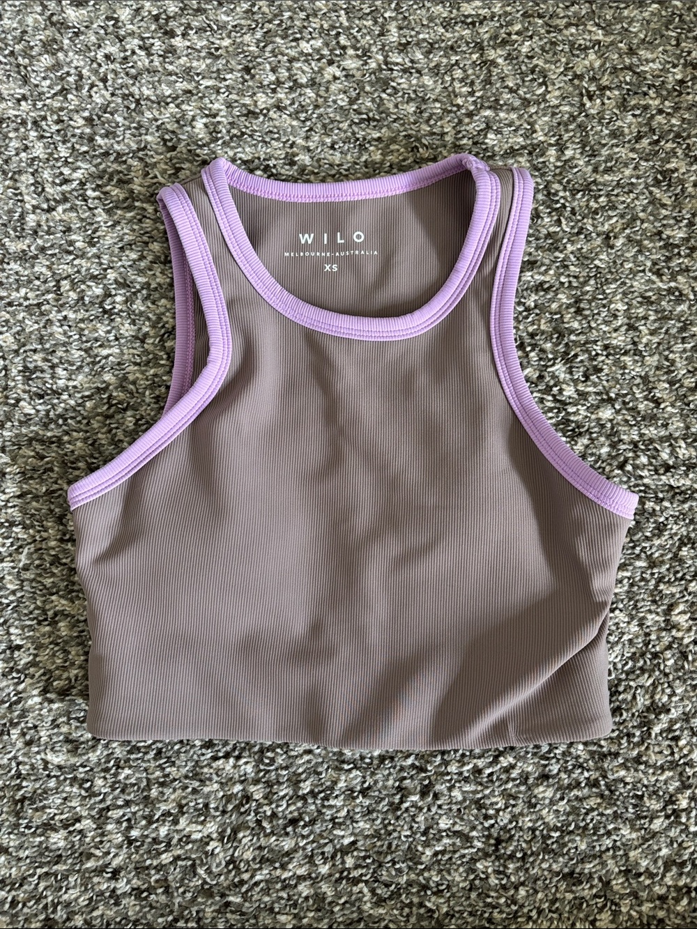 WILO Taupe Crop Sports Bra with Lilac Trim - Women's XS
